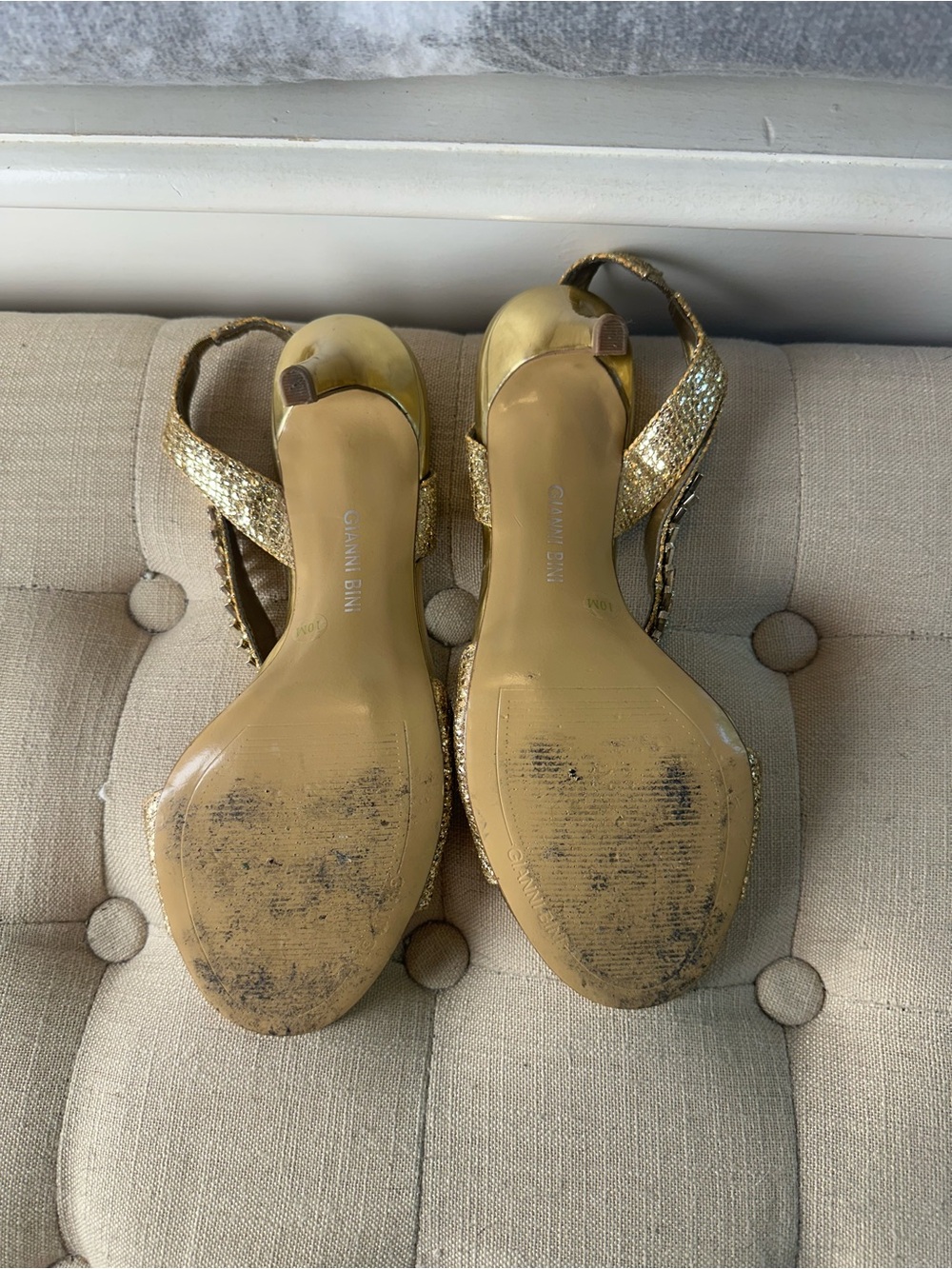 Gianni Bini Gold Crystal-Embellished Open-Toe Heels - Picture 3 of 3